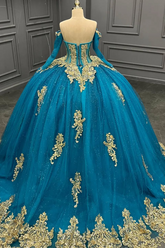 Lake Blue Ball Gown Off-Shoulder Long Sleeves with 3D Gold Beaded Appliques for Quinceanera & Sweet 16